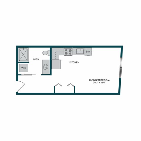 Floor plan for studio, 1 bath, 357 sqft